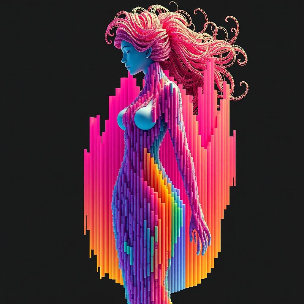 Data Diva: Woman Made of 3D Histograms in Cyberpunk Style