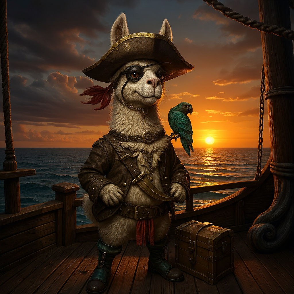 Llama Pirate Captain on Ship at Sunset