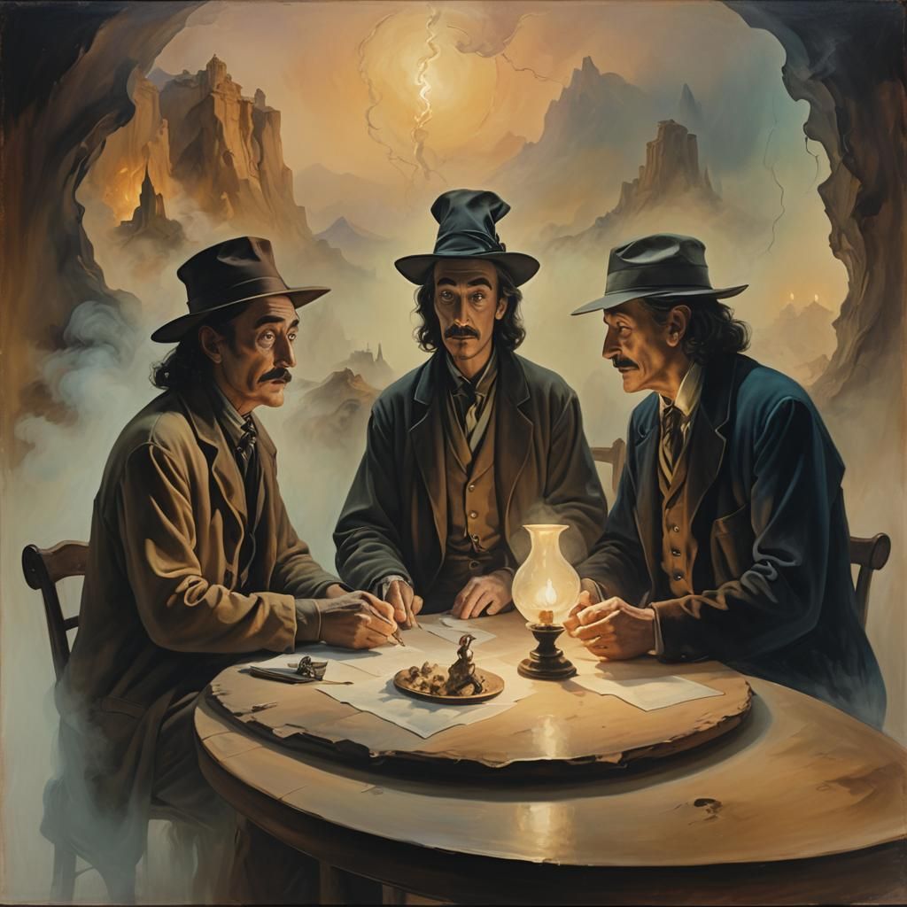 Men Discussing Plans in a Mystical Oil Painting