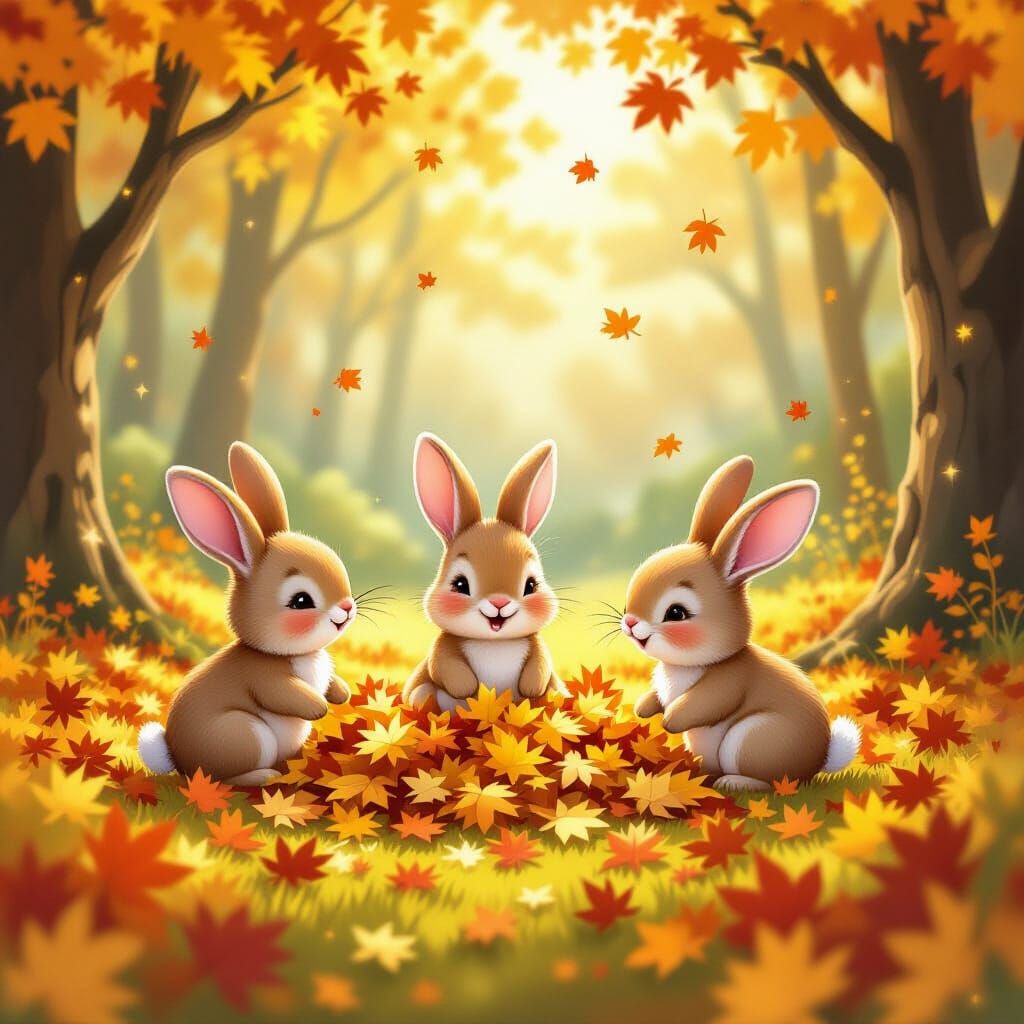 Cute Bunnies Play in Autumn Leaves Children's Book Style