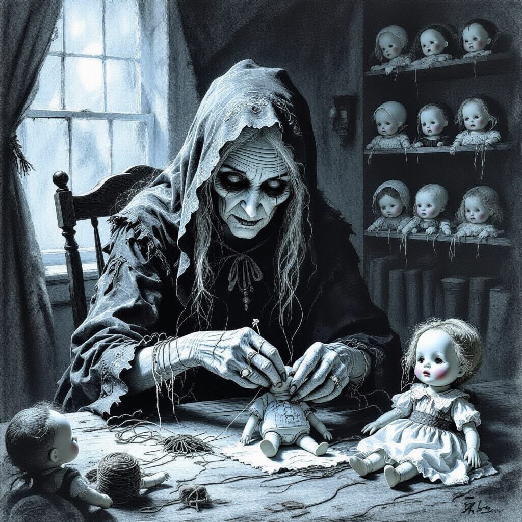 Ancient Witch Sewing Dolls in Soft Gloom