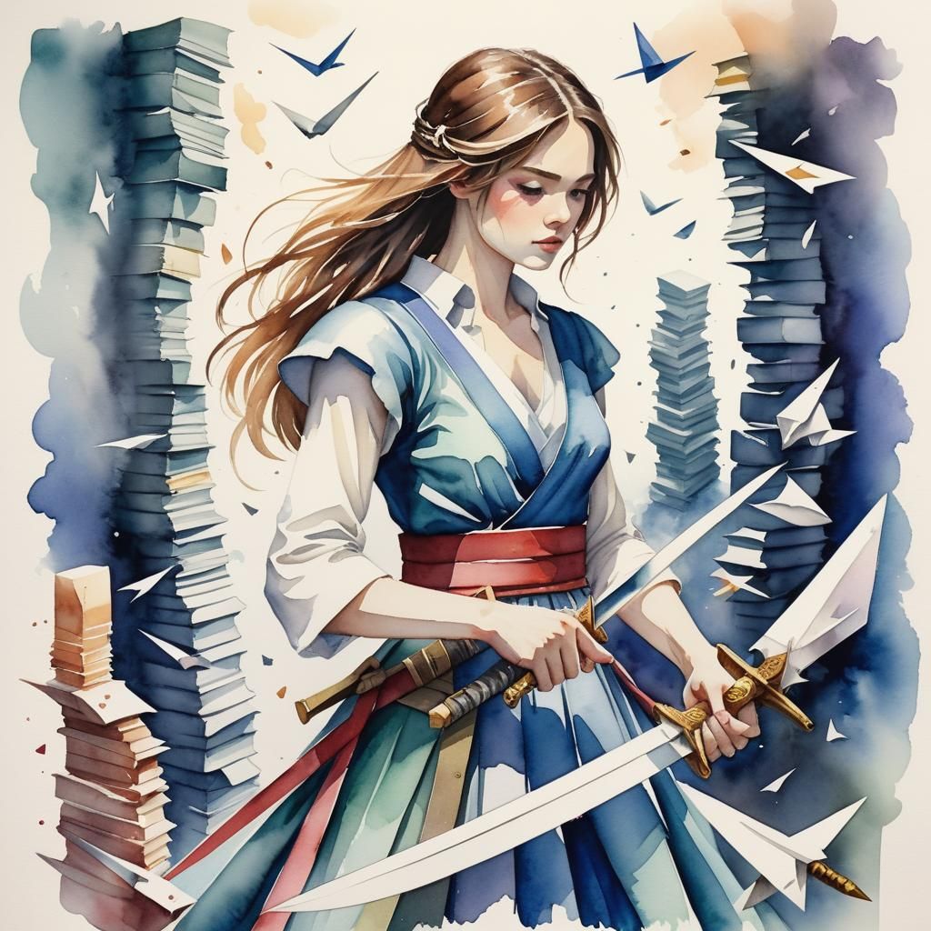Woman with Sword Cutting Paper: Watercolor Painting