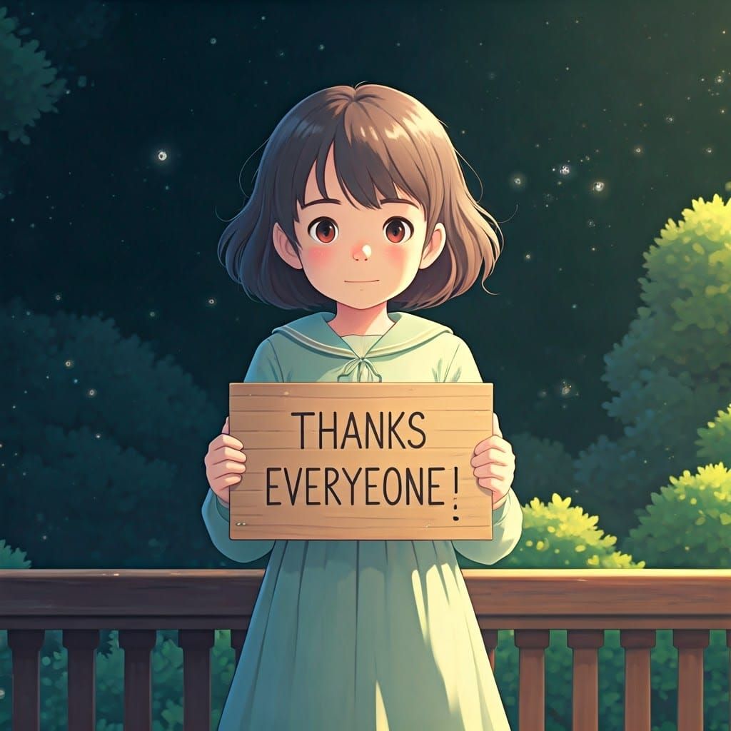 Anime Girl Holds Thank You Sign, Ghibli Style