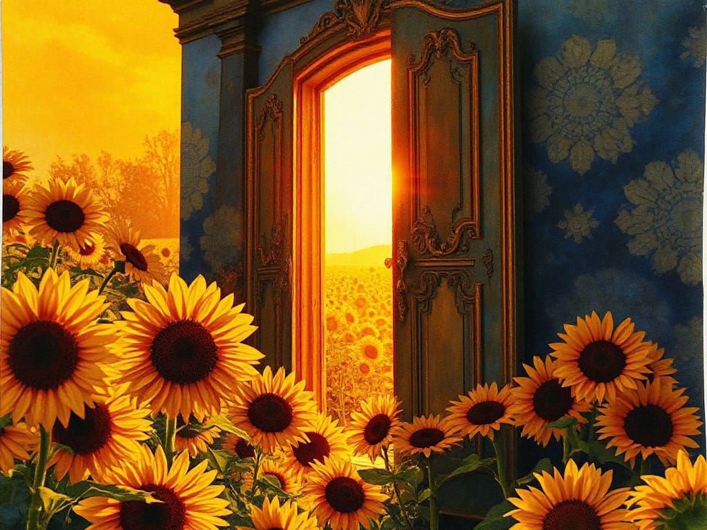 Glowing Door in Sunflower Field, Alcohol Ink Painting