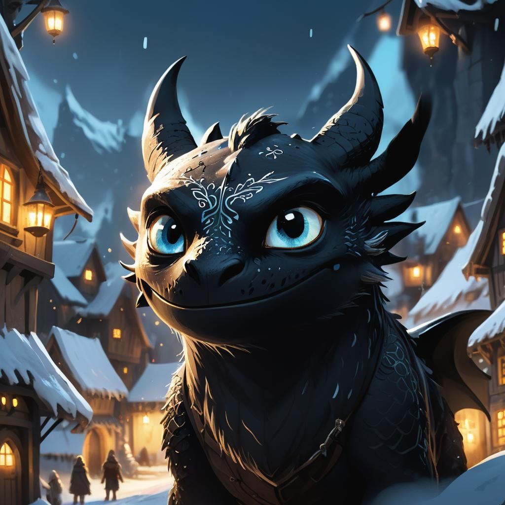 A Dreamy Viking Village Scene with Toothless and Hiccup