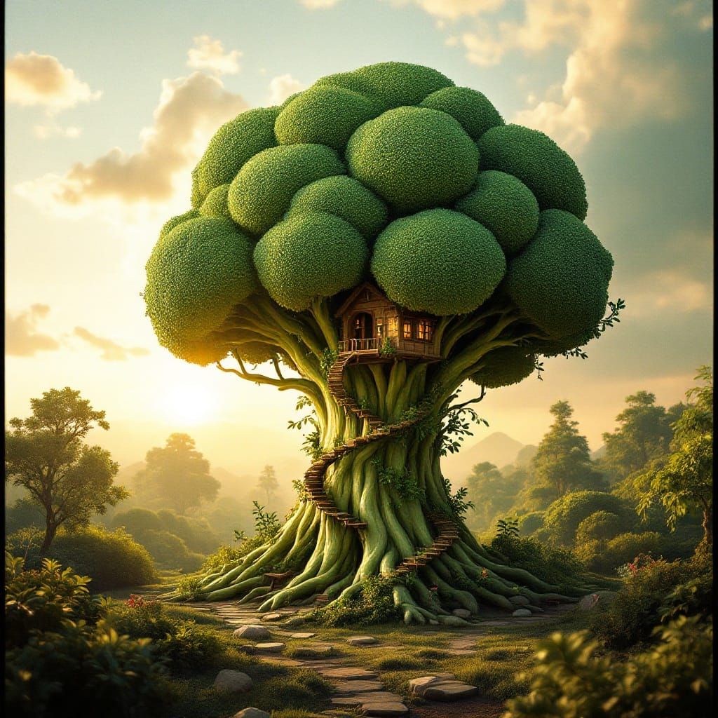 Dreamlike Broccoli Treehouse Emerges Amidst Cinematic Sunset