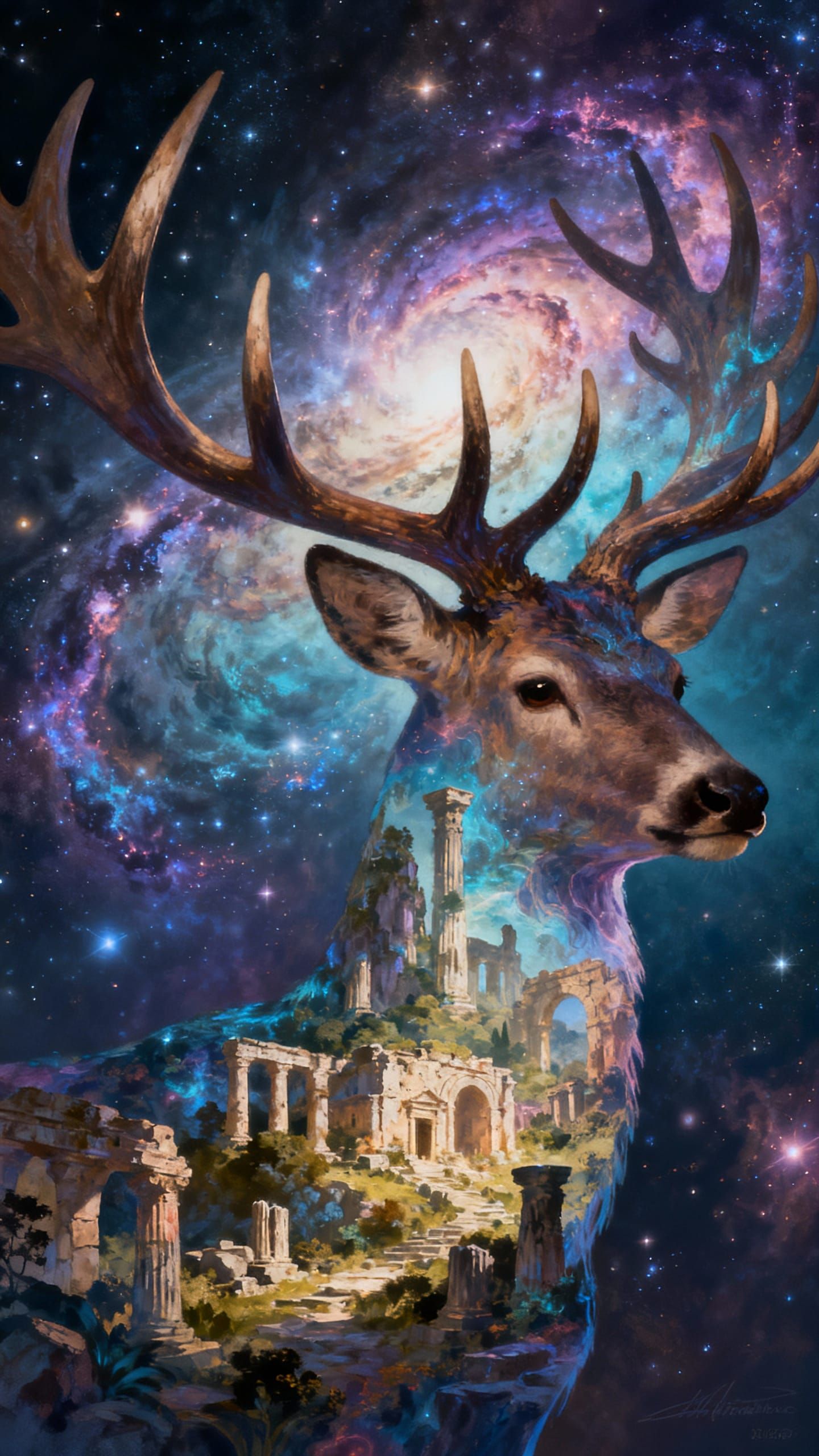 Majestic Stag Silhouette with Cosmic Landscape