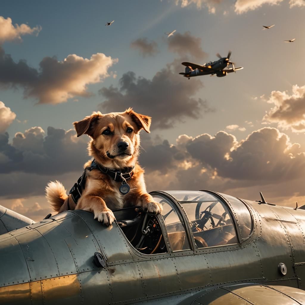 Dog Piloting WW2 Plane in Golden Light