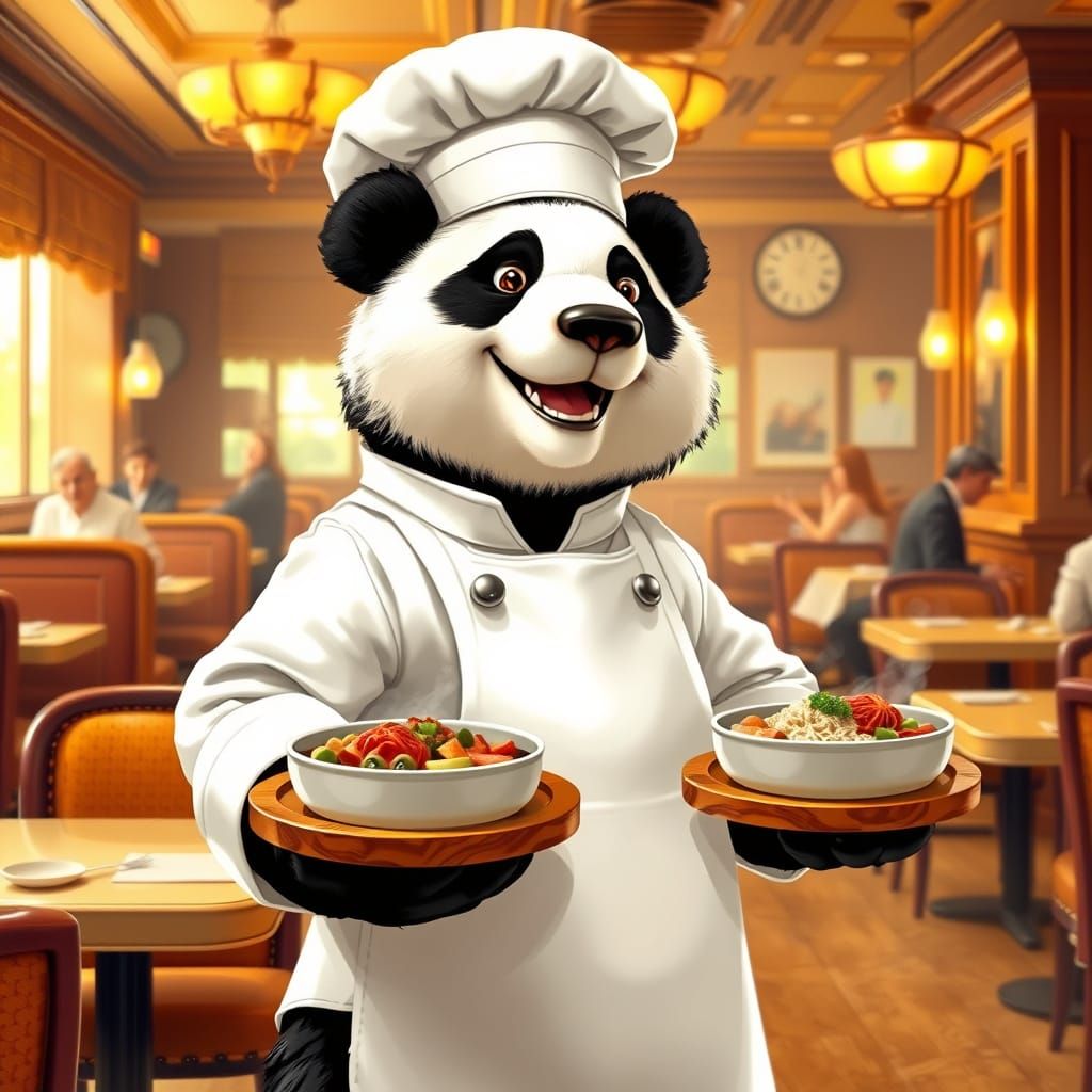 Sunny Chef Panda in Warm Restaurant Setting