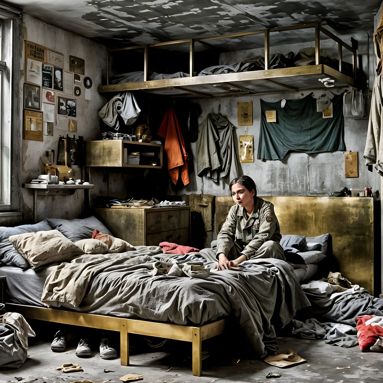Cluttered Concrete Bunker Bedroom with Woman