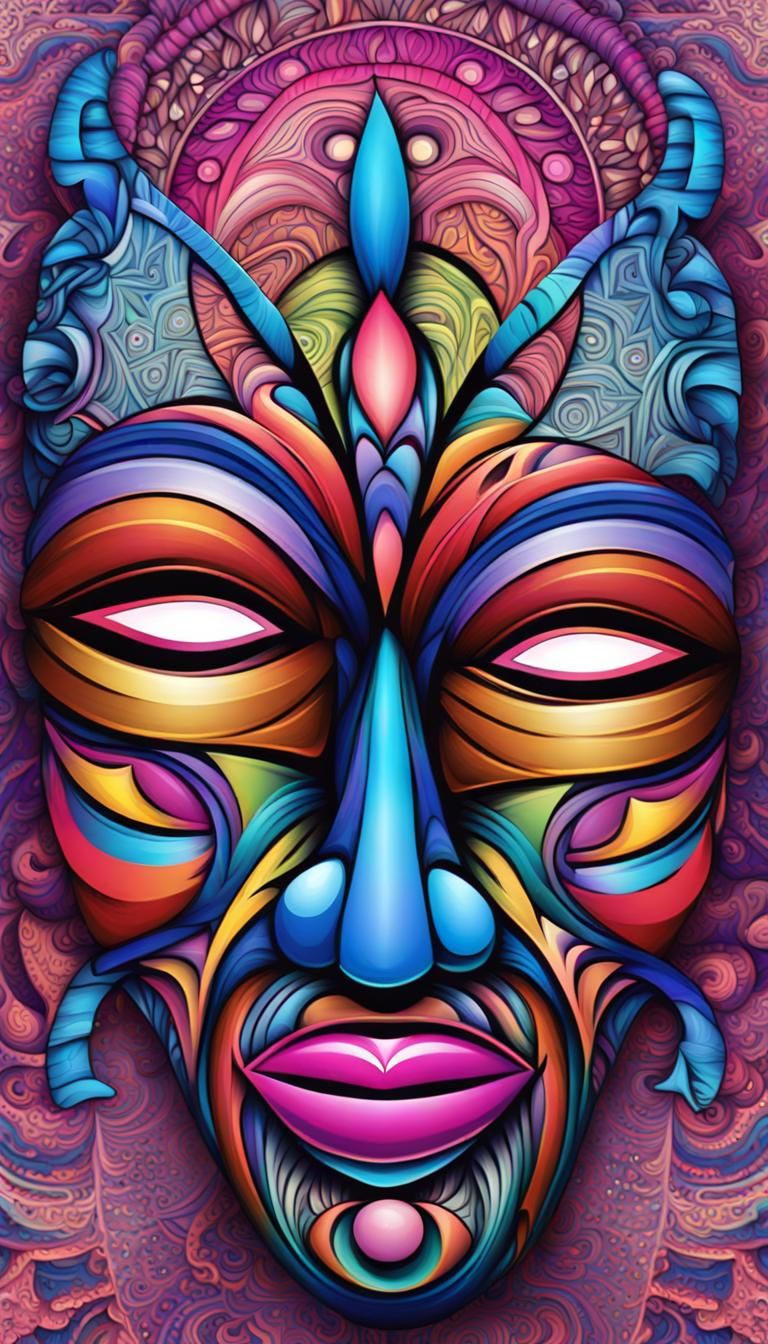 Colorful Tribal Mask with Fractal Art Background