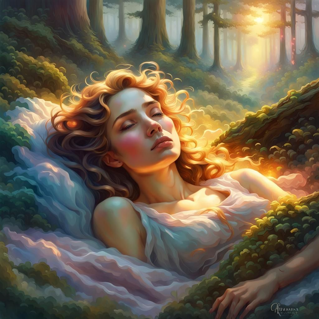 Dreaming Woman in Forest: Ethereal Fantasy Portrait