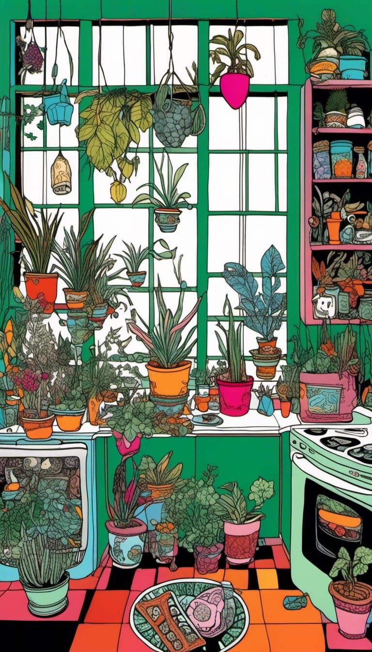 Cluttered Apartment with Tropical and Alien Plants