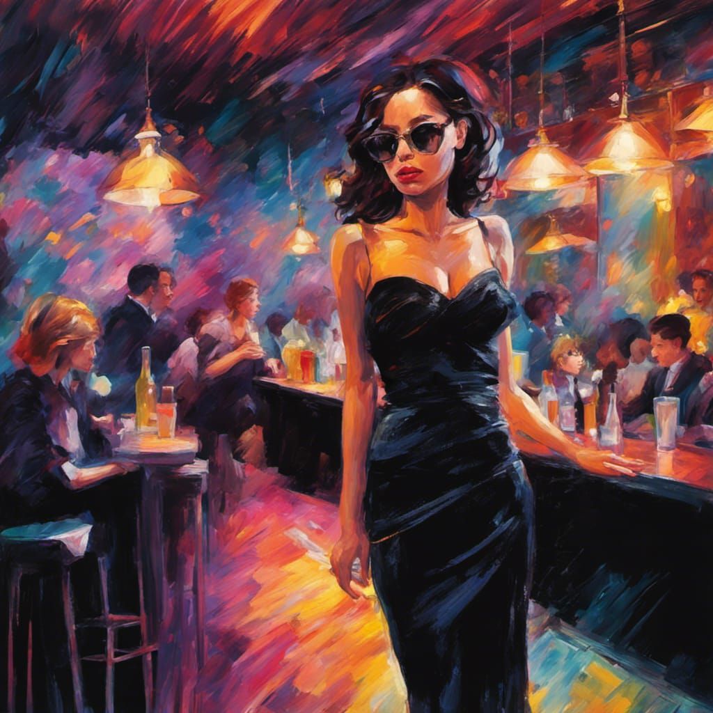 A girl in black dress at bar in modern 1990s HipHop disco pa...