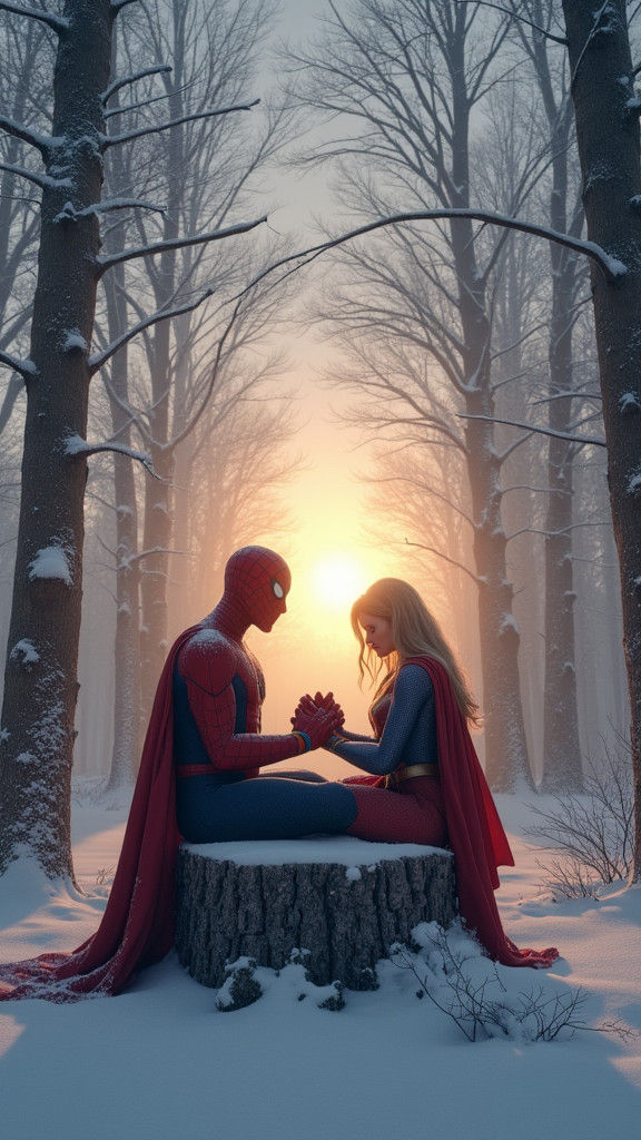 Spider-Man and Supergirl Pray in Winter Forest