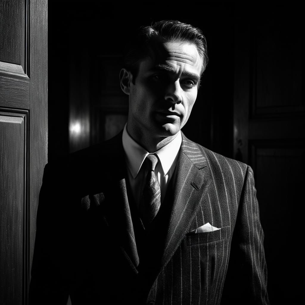 Charismatic Salesman in Film Noir Charcoal Drawing