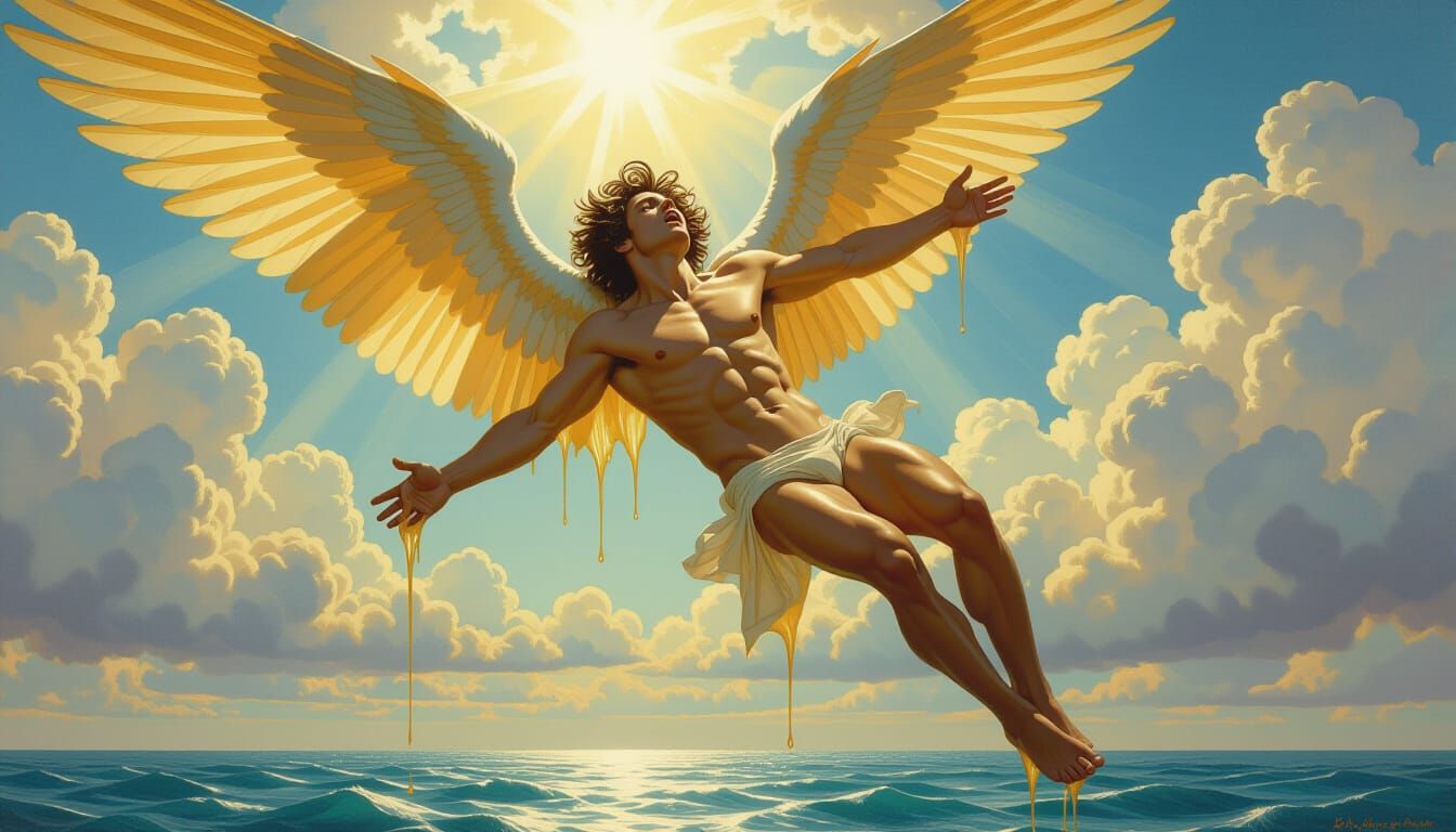 Icarus Falls: Dynamic Painting of a Muscular Figure in Despa...