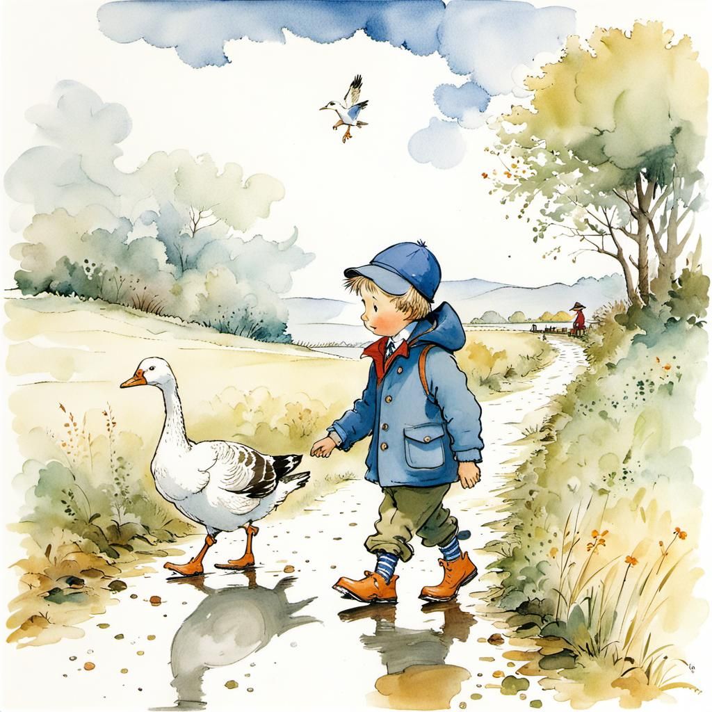 Boy and Goose Walking, Illustrative Art Style