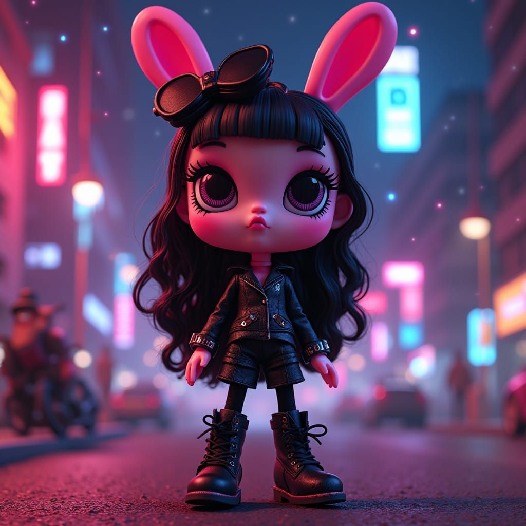 Cyberpunk Whimsy: Pink Bratz Doll in Urban Nighttime