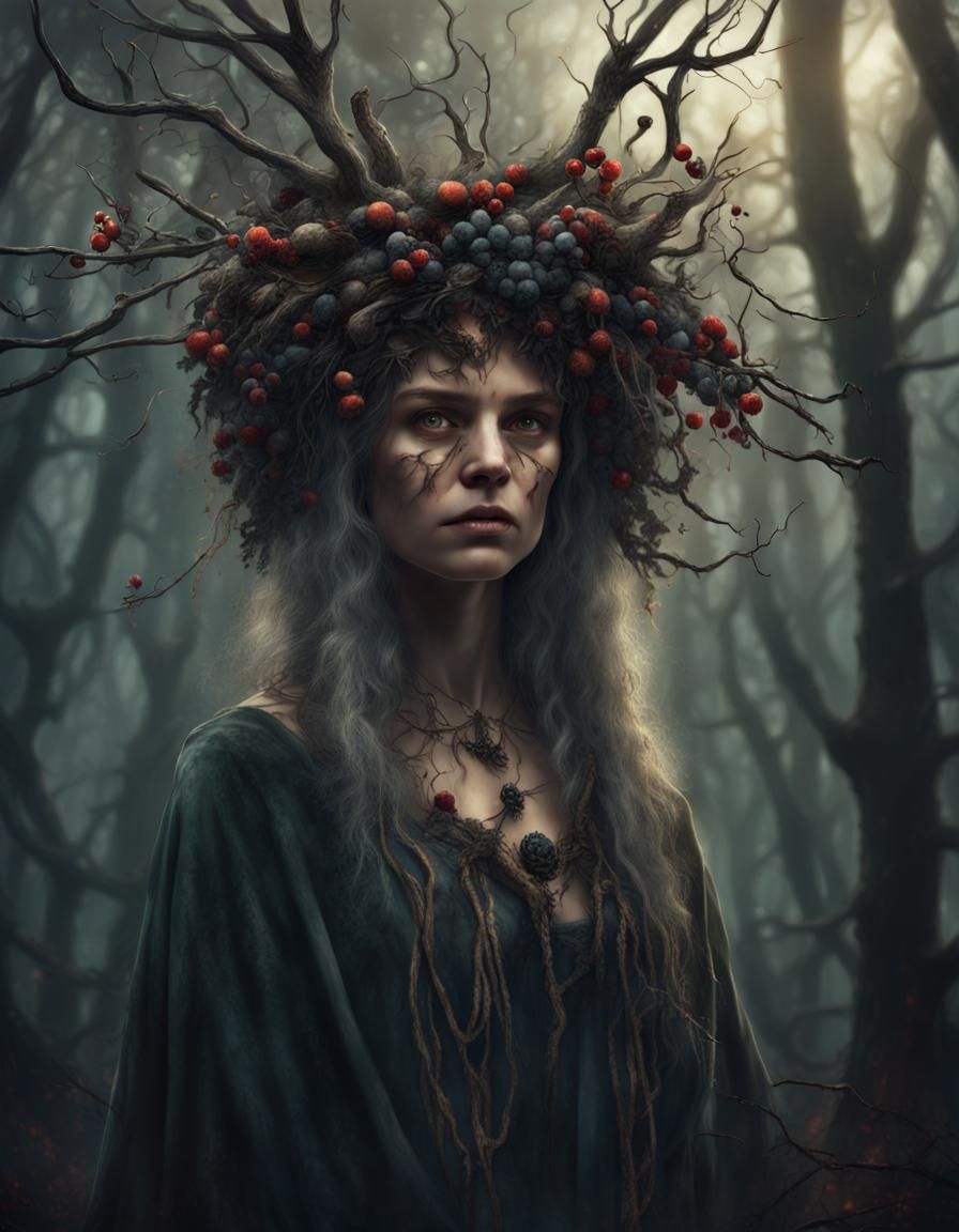 Eerie Forest Witch with Berries: Digital Matte Painting
