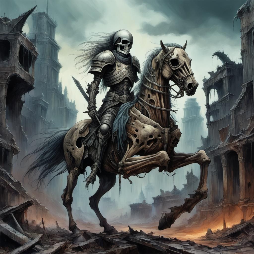 Armored Warrior on Skeletal Horse in Ruined City
