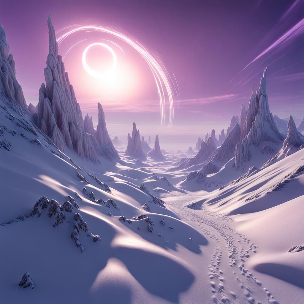 Luminescent Contrails Over Snowy Planet: Dark Fantasy Art