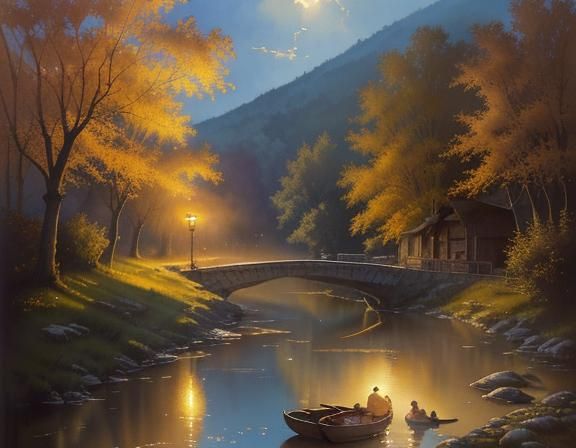 Playful Children Bathing in River, Watercolor Concept Art