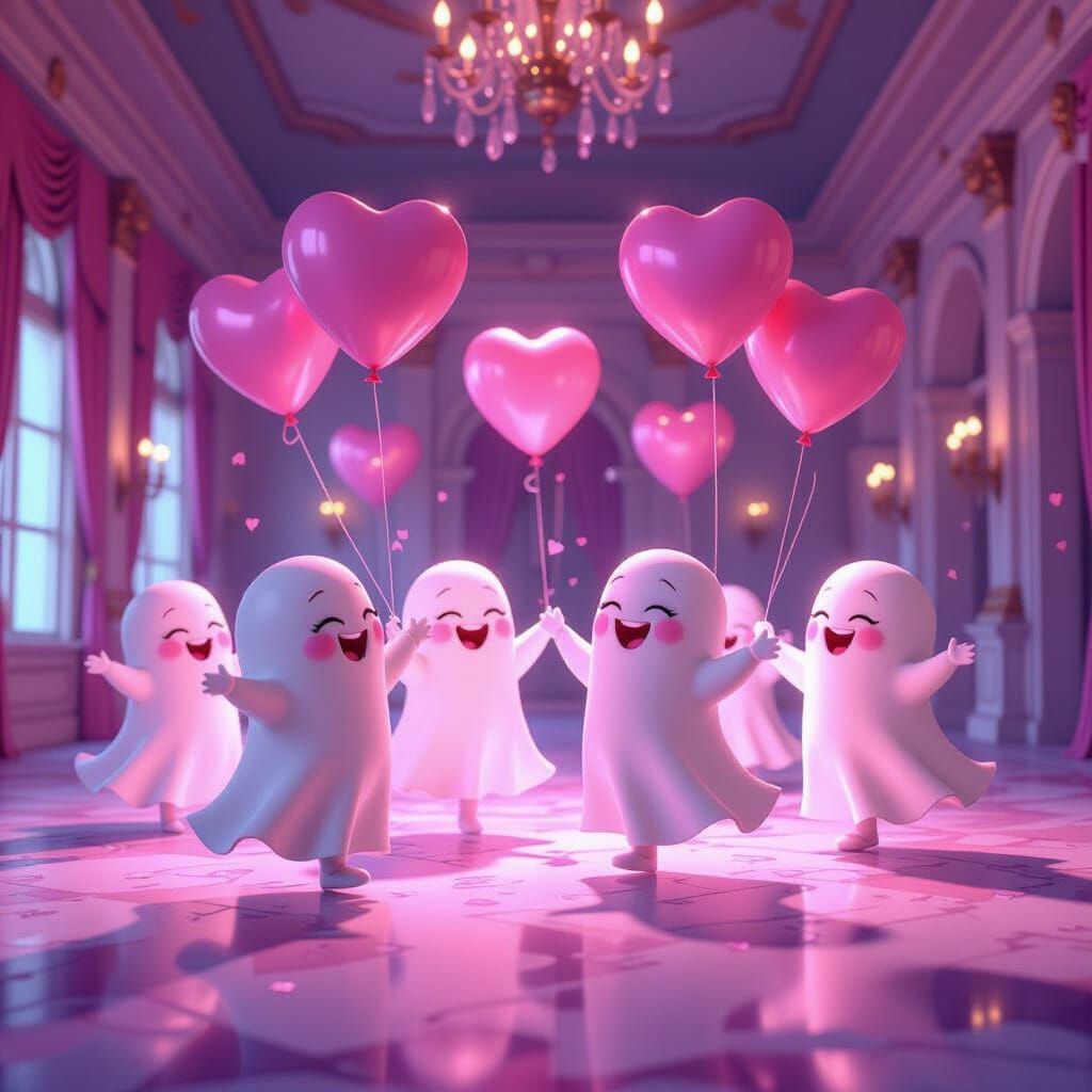 Whimsical Ghosts Dance with Candy Hearts in CGI Ballroom