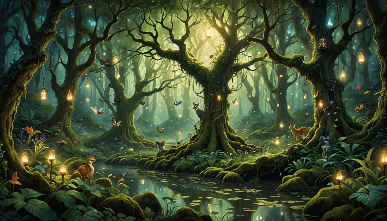 Capture an ethereal scene in a lush, verdant forest bathed i...