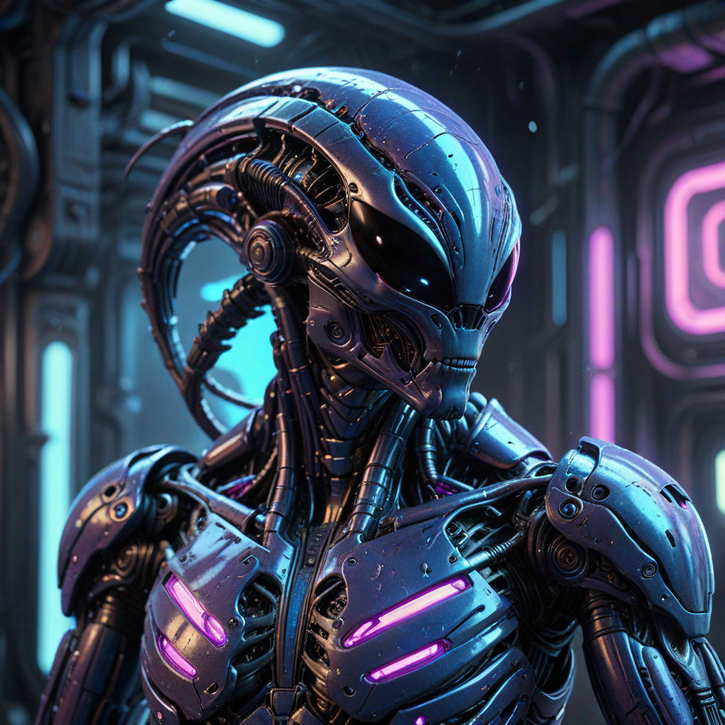 Cyberpunk Alien in a Futuristic Biomech Landscape
