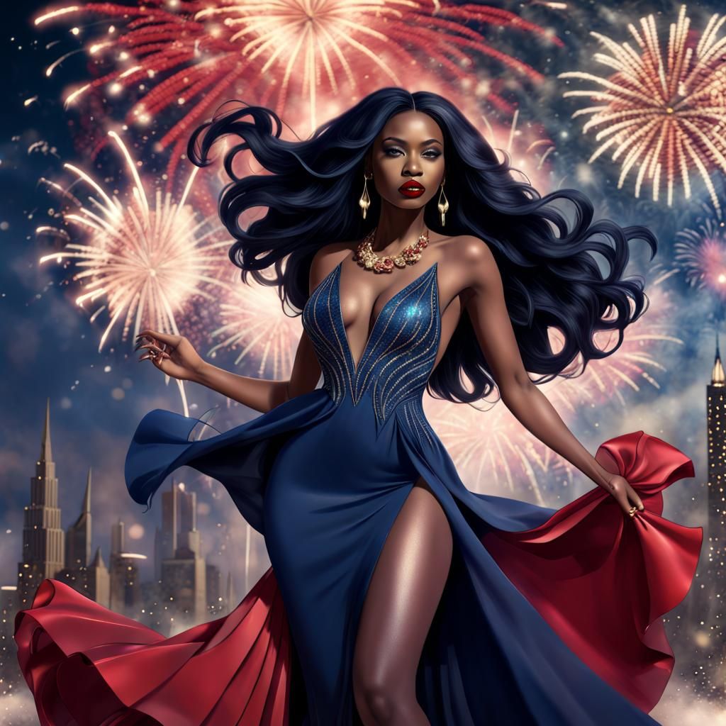 Stunning Woman in Red Dress with Fireworks Background