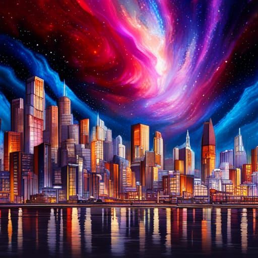 Hyperdetailed Nebula Night Sky Over City