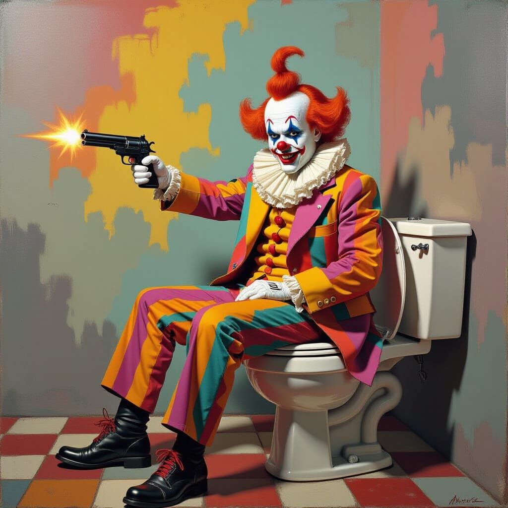Surreal Clown Pistol Duel in Rothko-Dali Style