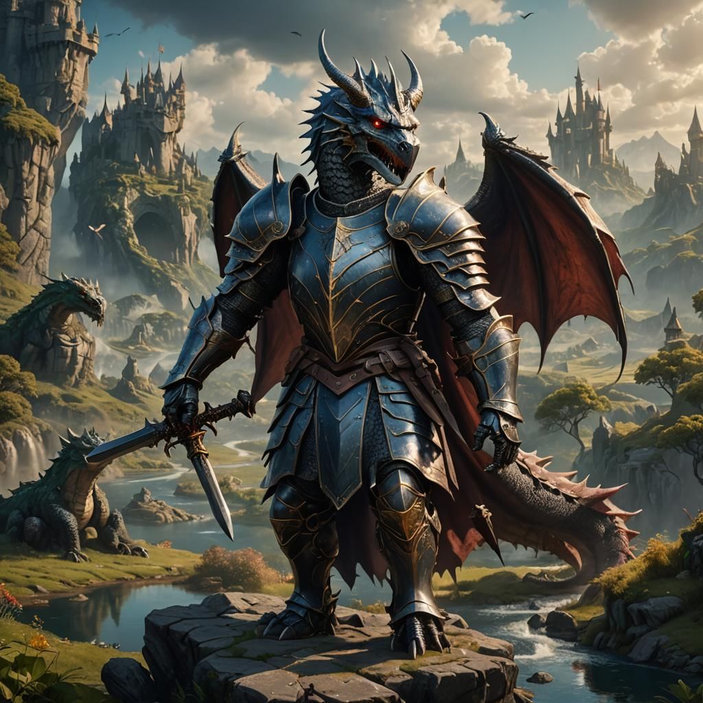Fantasy Knight and Playful Dragon in Landscape
