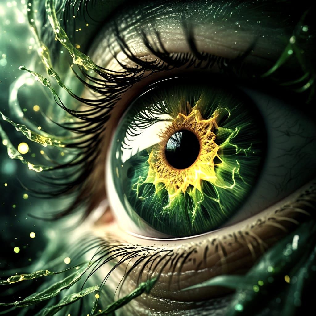 Surreal Close-Up of a Glowing Green Eye in Supernova Starlig...