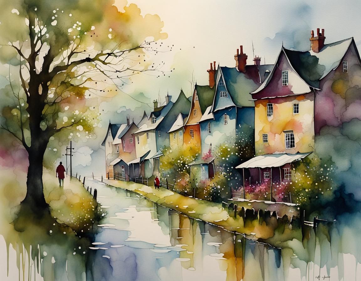 Magical Foggy Spring Morning in Village Illustration