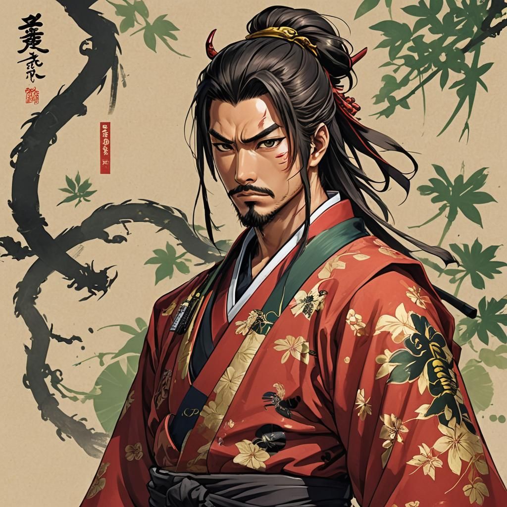 Samurai in Red Kimono, Anime Style Illustration