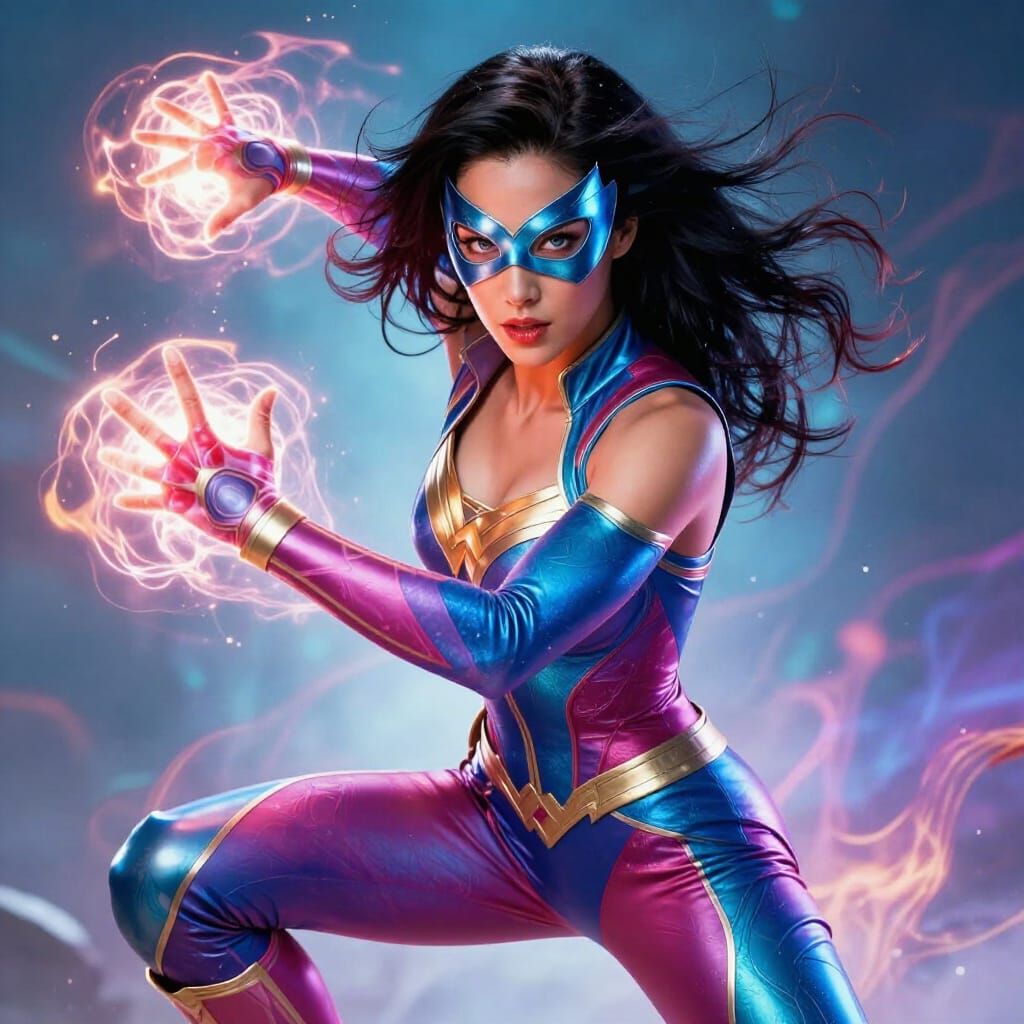 Mystical Superhero in Dynamic Pose with Glowing Energy