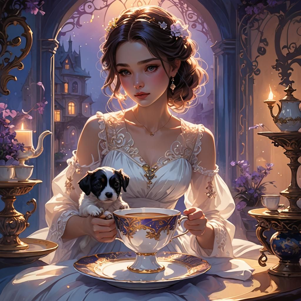 Girl and Puppy in Teacup: Fantasy Concept Art