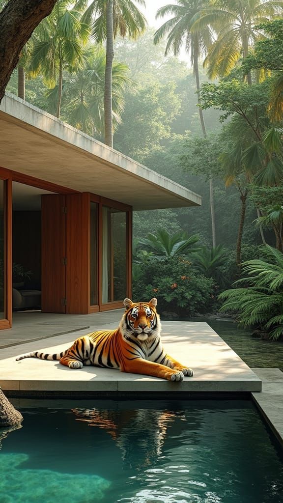 Tiger in Tropical Oasis, Modern Jungle Retreat