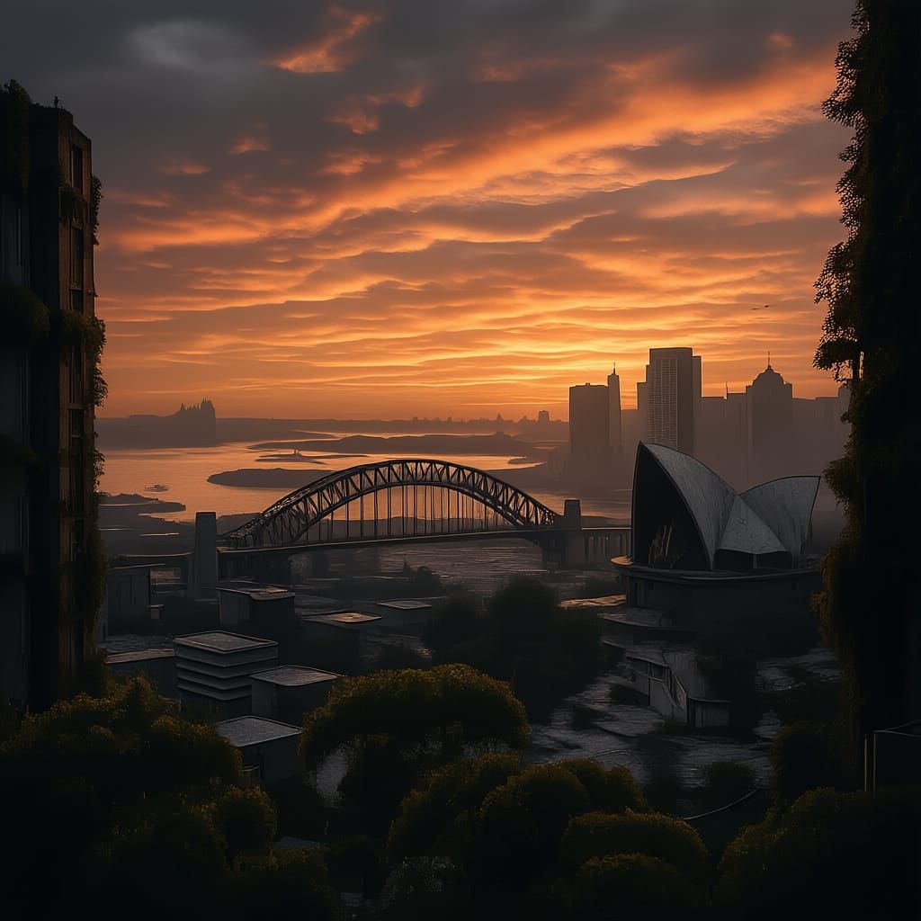 Post-Apocalyptic Sydney Harbour at Dusk: Nature Reclaims Cit...