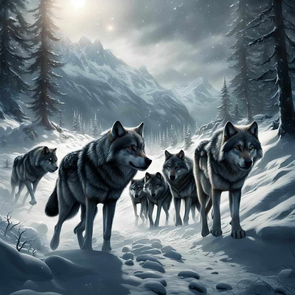 Wolves Explore Snowy Forest: Digital Matte Painting