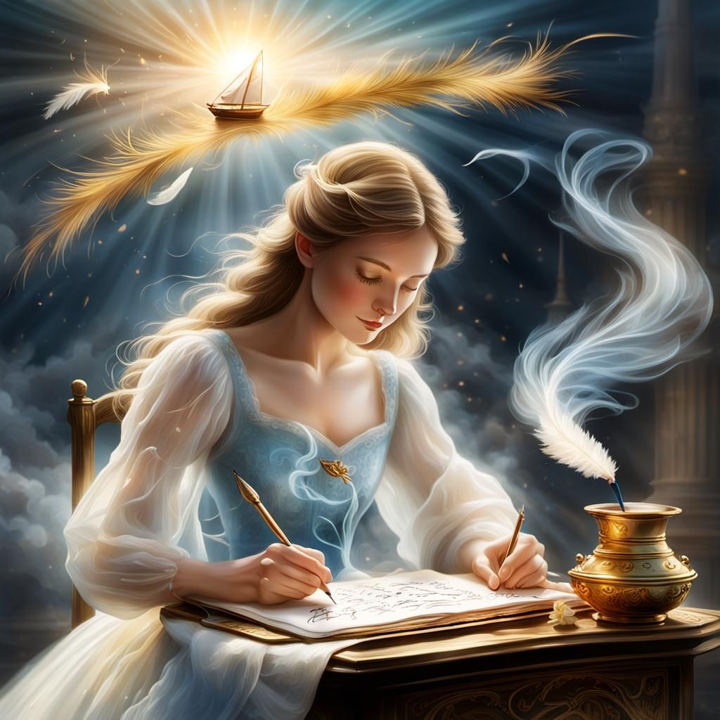 Ethereal Woman Writes "BE HAPPY" with Quill
