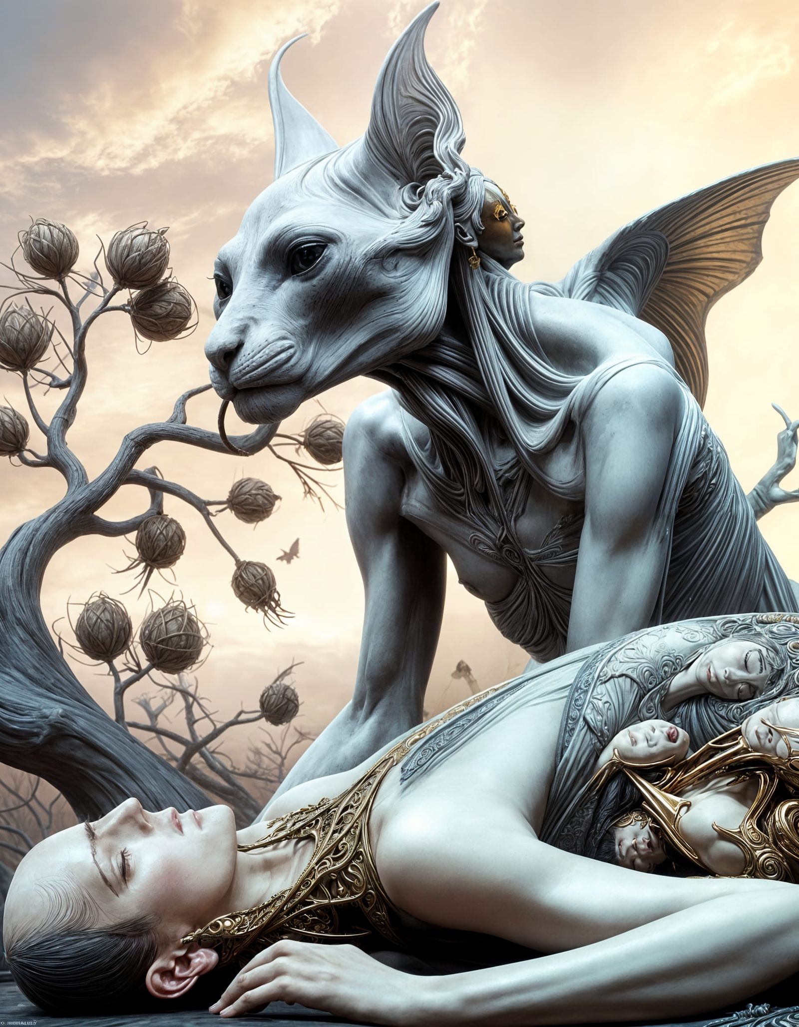Baroque Sphinx in Romantic Pose, Dark Fantasy Art