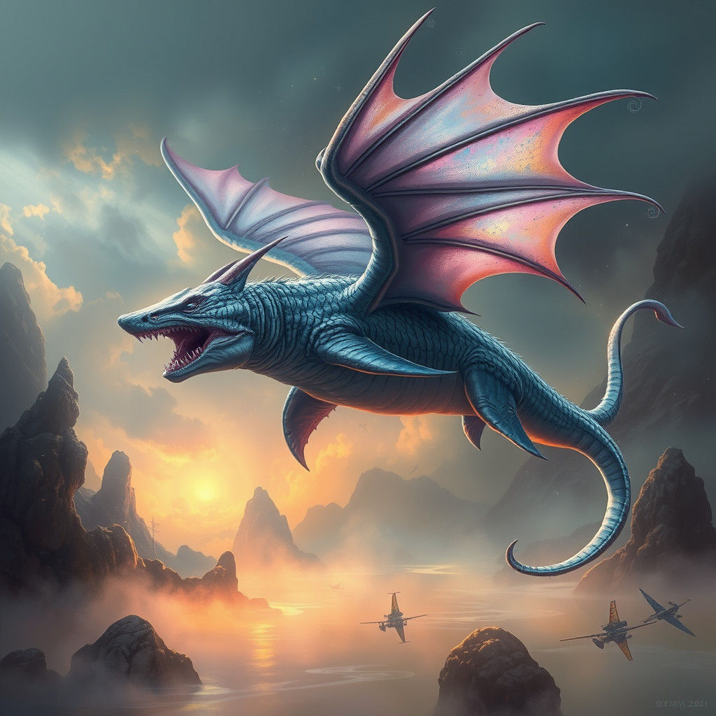 Shark Dragon Soaring in Mystical Realm