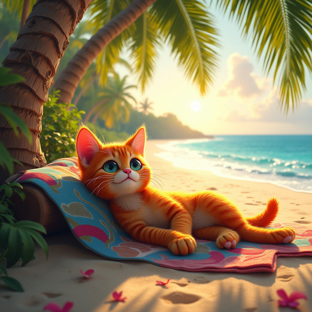 Tropical Cat on Beach: Fantasy Matte Painting