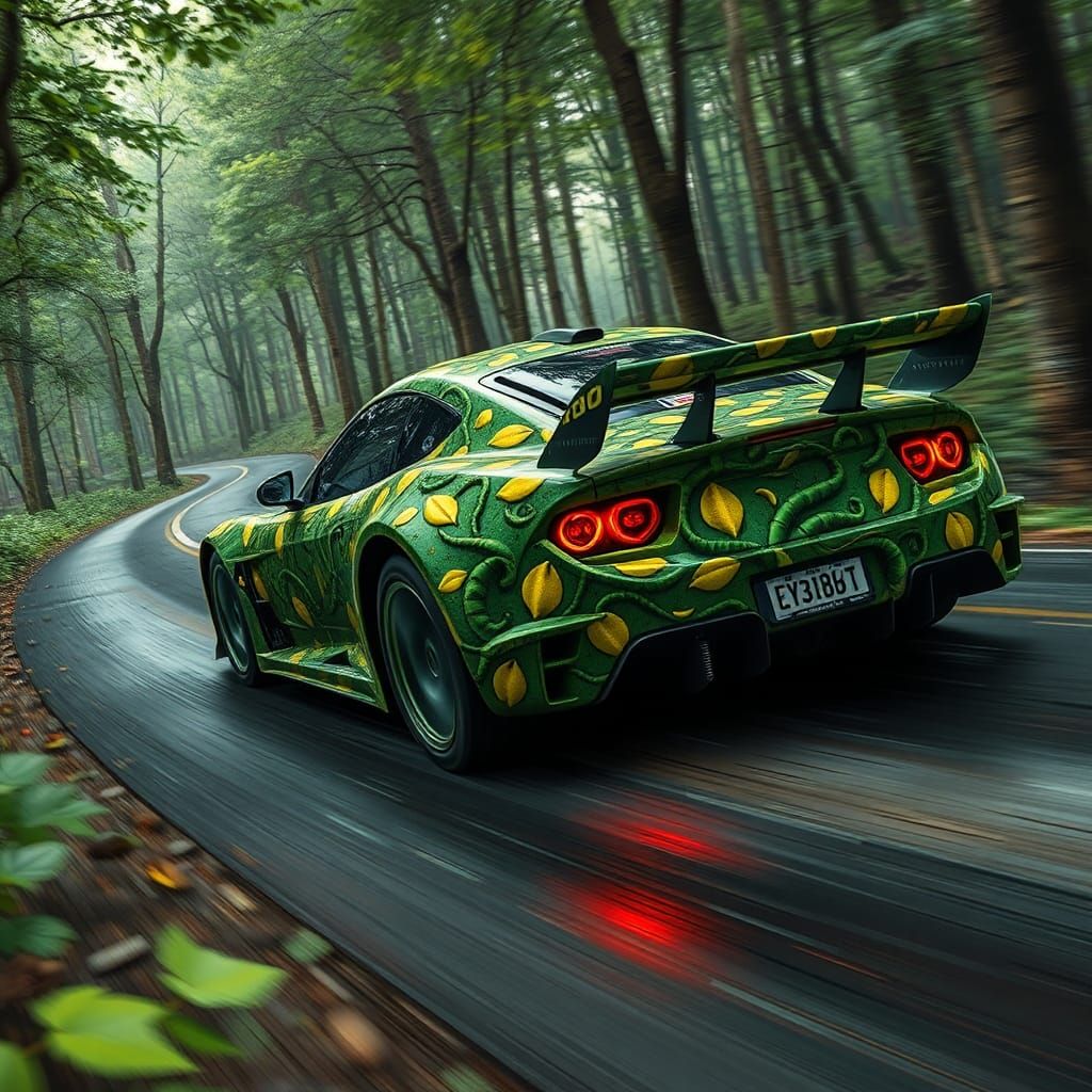 Rally car wrapped in "poison ivy" artwork