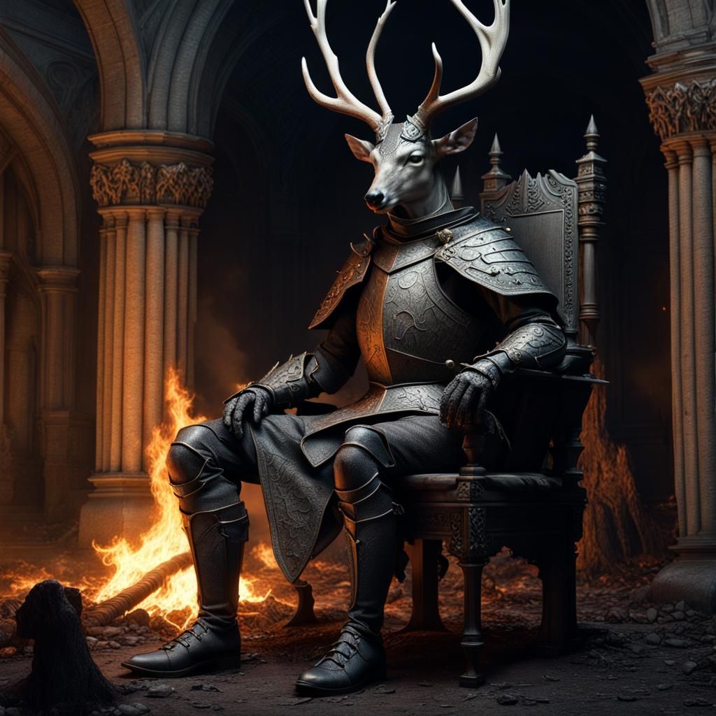 Armored Deer Knight Watching Fire in Dark Fantasy Style