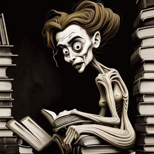 Disturbing Woman in Magical Library, Art Brut Style