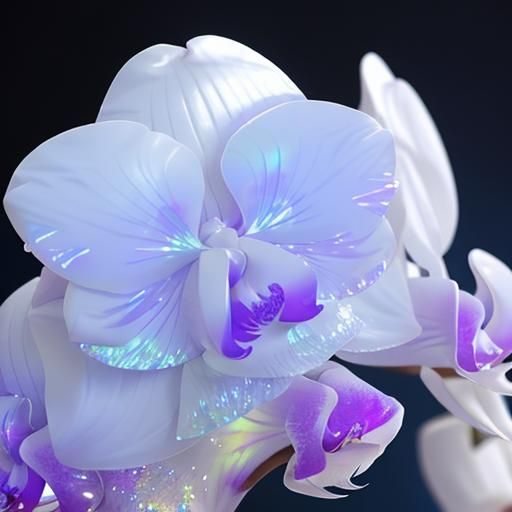 Glowing Iridescent Silk Orchids in Crystal Vase